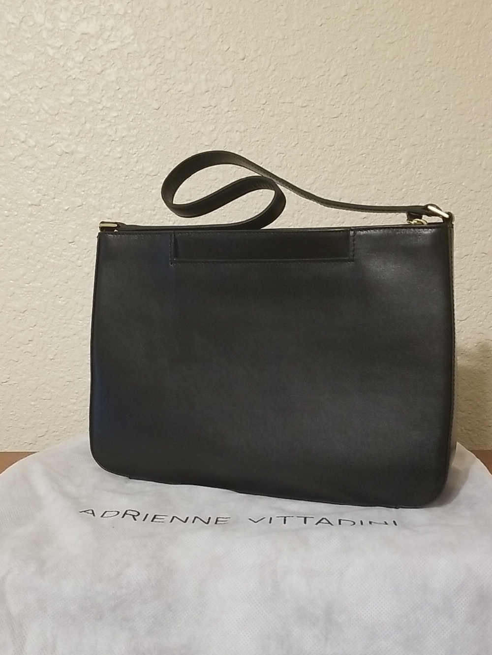 Adrienne Vittadini Vintage Black Leather Shoulder Bag with Gold Hardware